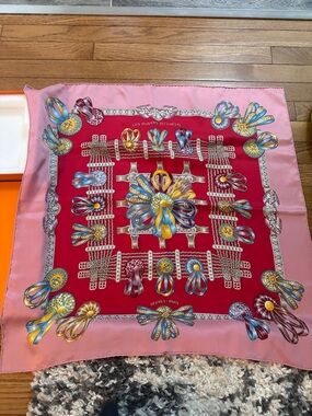 Authentic Hermes
Hermes Pink Les Rubans Du Cheval Silk Scarf